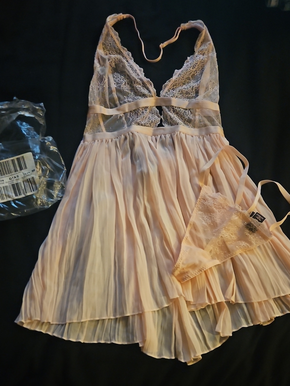 Victoria's Secret Light Pink Lace & Pleated Chiffon Chemise with Matching Thong